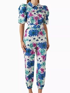 ELLIATT • Floral Multicolor Hideaway Linen  Cotton Blend Belted Jumpsuit